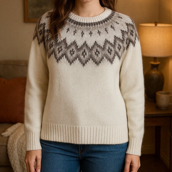 Old Navy Fair Isle Sweater – M Tall – White Gray Nordic Knit Pullover - Picture 1 of 8